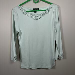 LAUREN RALPH LAUREN Women’s LG Mint Green Lace Accent Ribbed Long Sleeve Top NWT